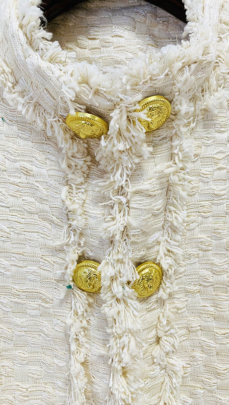 LION BUTTON FRINGED TWEED STAND COLLAR JACKET