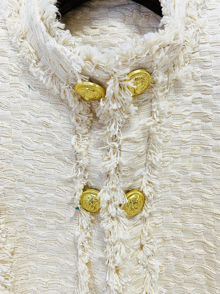 AIIZIE LION BUTTON FRINGED TWEED STAND COLLAR JACKET - product image