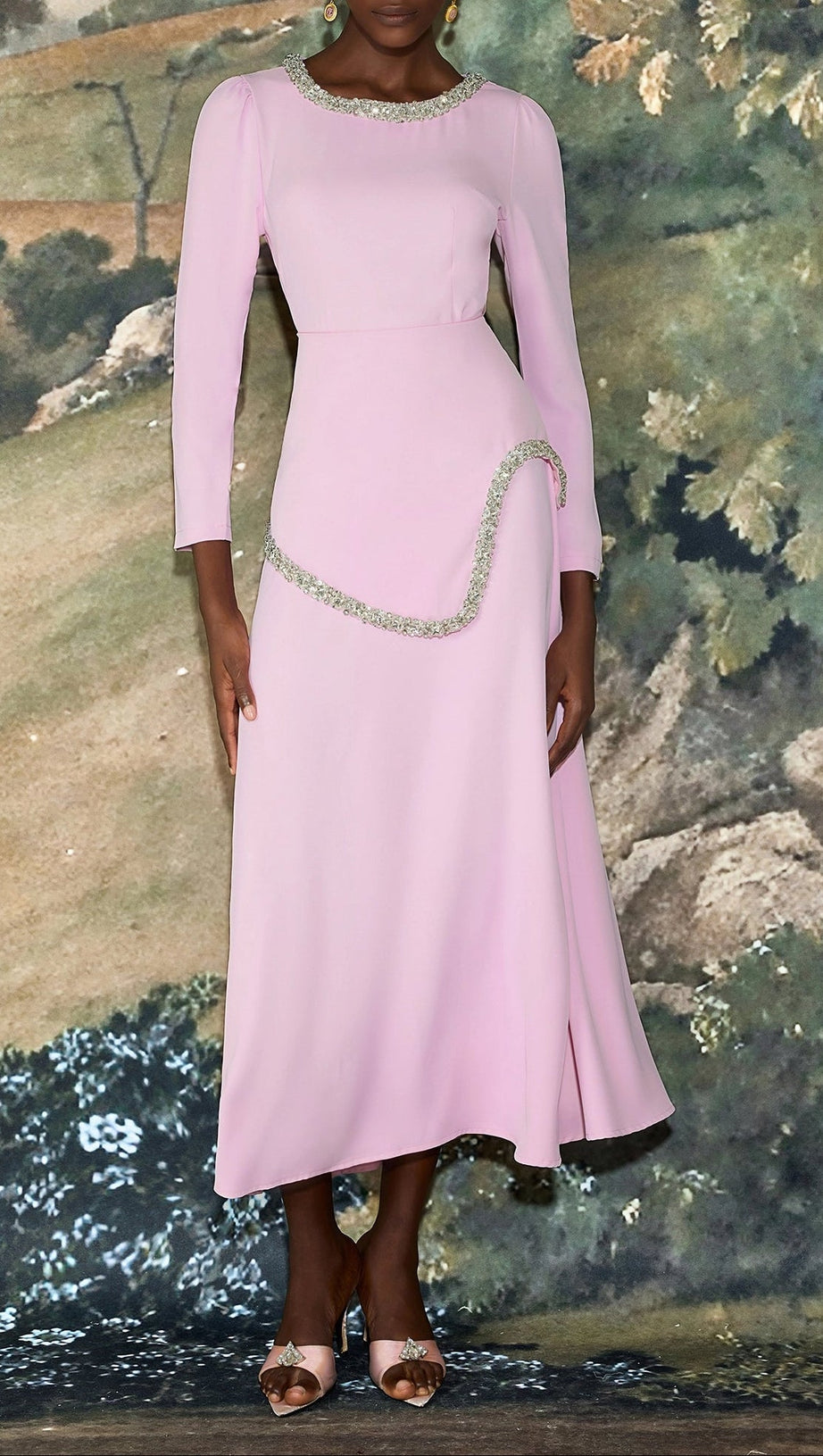 damla Rhinestone embellished Long Sleeve Midi Dress - pink