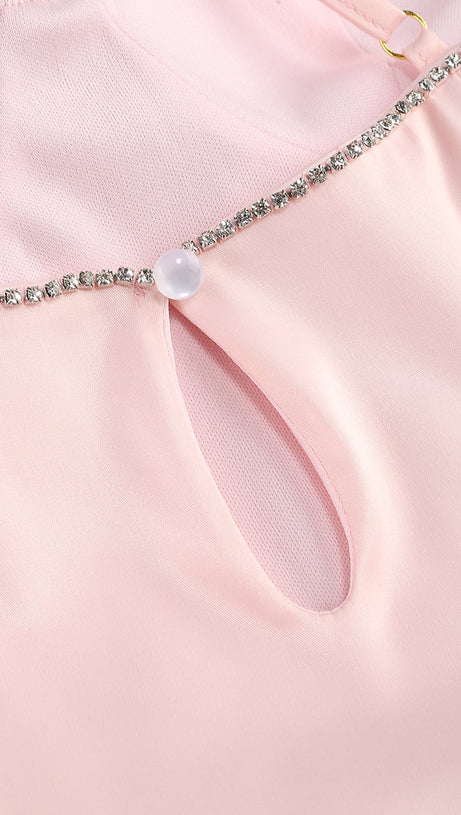 CRYSTAL EMBELLISHED TRIMS MINI DRESS IN PINK