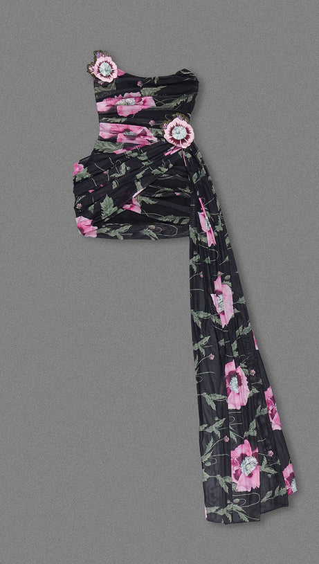 TRÄGERLOSES, DRAPIERTES MINIKLEID MIT BLUMENDRUCK