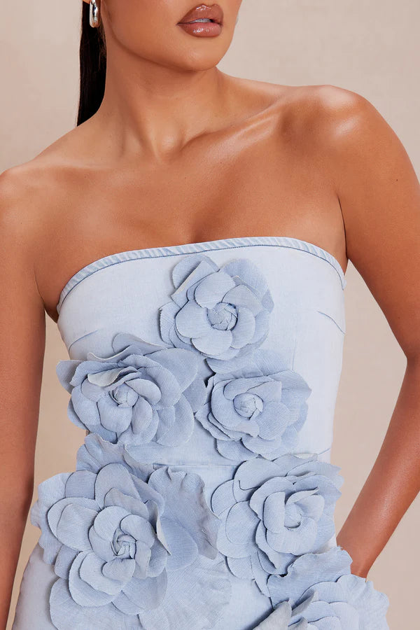 AIIZIE CANTO STRAPLESS FLOWER DENIM MINI DRESS IN BLUE - product image