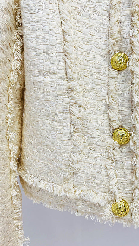 LION BUTTON FRINGED TWEED STAND COLLAR JACKET