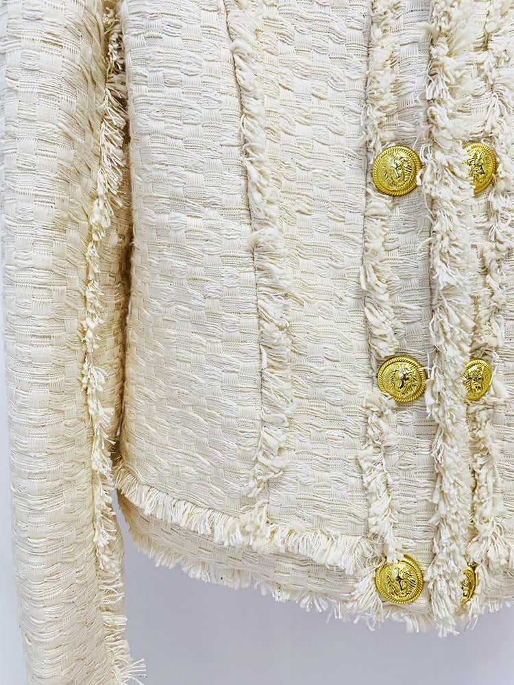 AIIZIE LION BUTTON FRINGED TWEED STAND COLLAR JACKET - product image