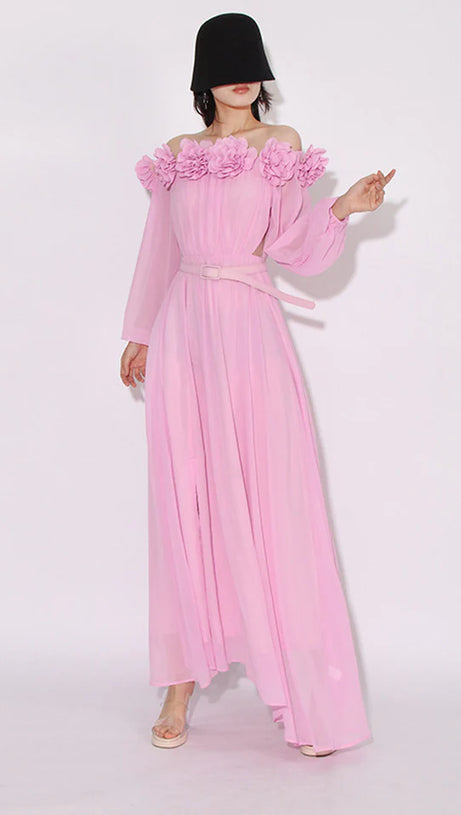 ASCELLA FLOWER SHOULDER MAXI DRESS IN PINK