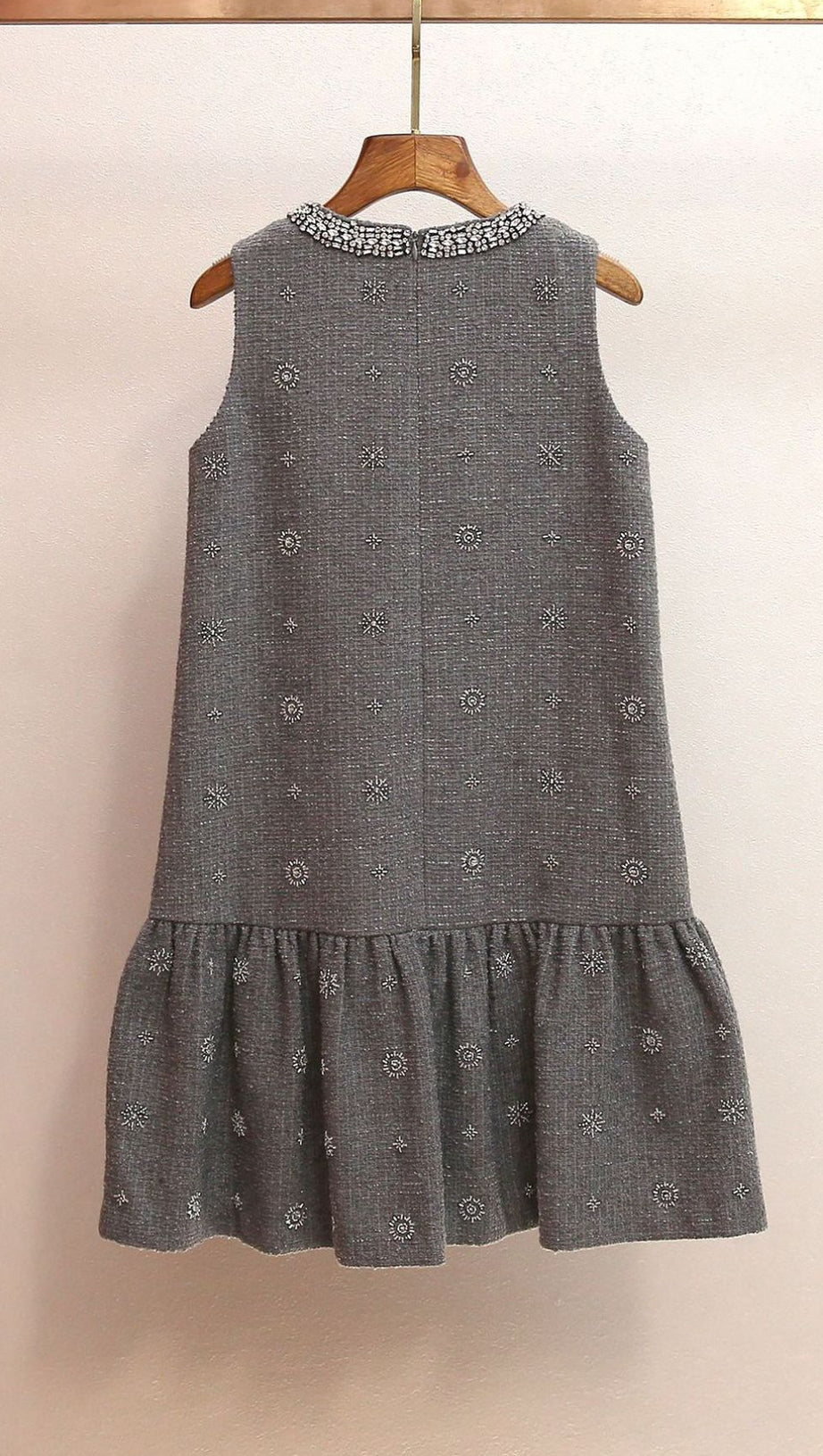 HASANA SPARKLING GREY TWEED SLEEVELESS MINI DRESS WITH CRYSTAL EMBELLISHMENTS