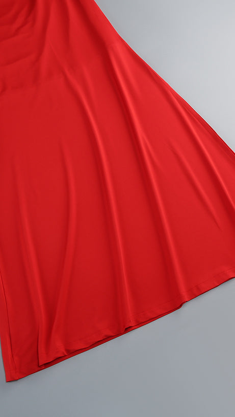 SLANT COLLAR HIGH WAIST SLIM LONG SKIRT RED SUIT