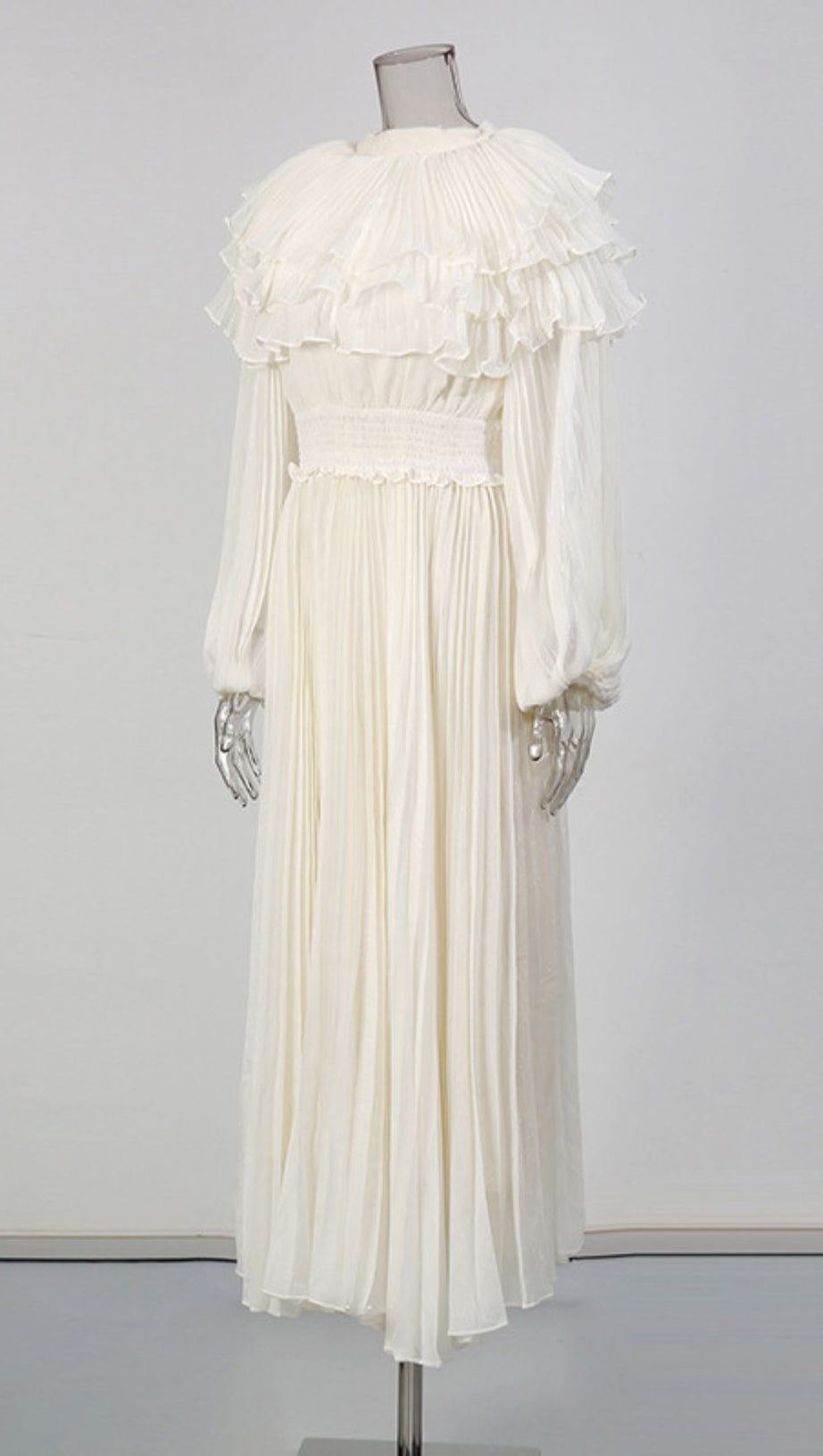 Julisa Ivory Ruffle Pleated Midi Dress - Elegant Long Sleeve for Women