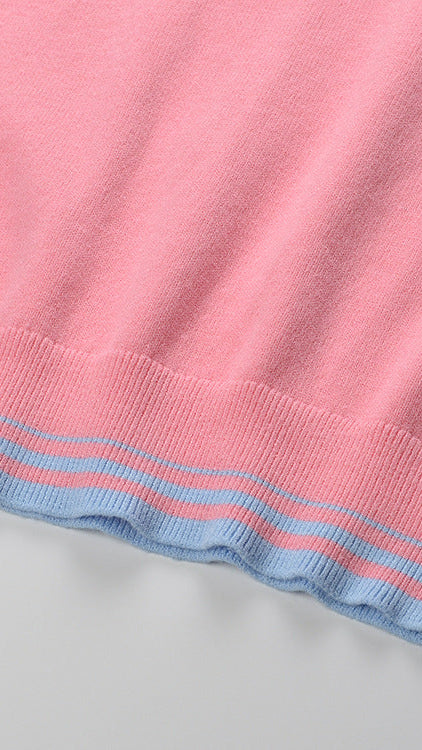 CHIC PINK & BLUE STRIPE MOCK NECK RIBBED KNIT TOP | WOMEN'S SHORT SLEEVE