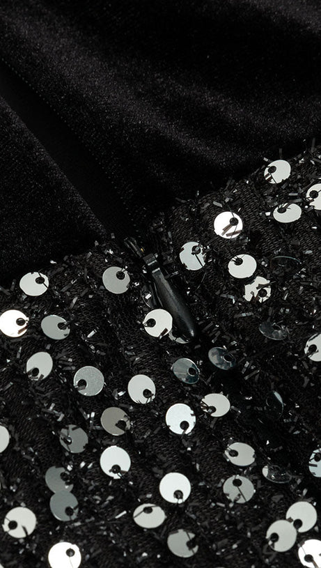 DRAPED VELVET SEQUIN MAXI DRESS IN BLACK