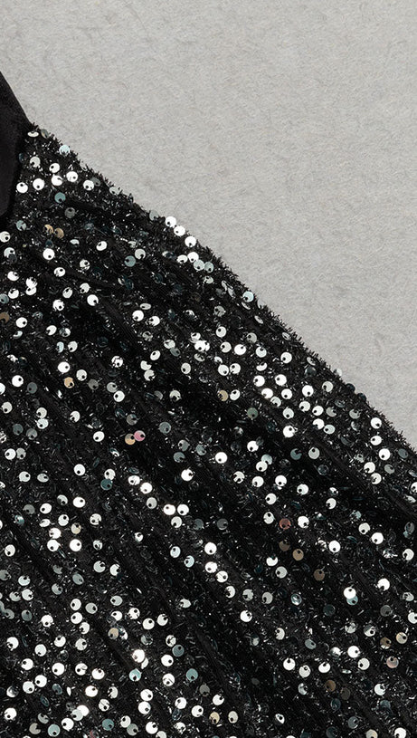 DRAPED VELVET SEQUIN MAXI DRESS IN BLACK