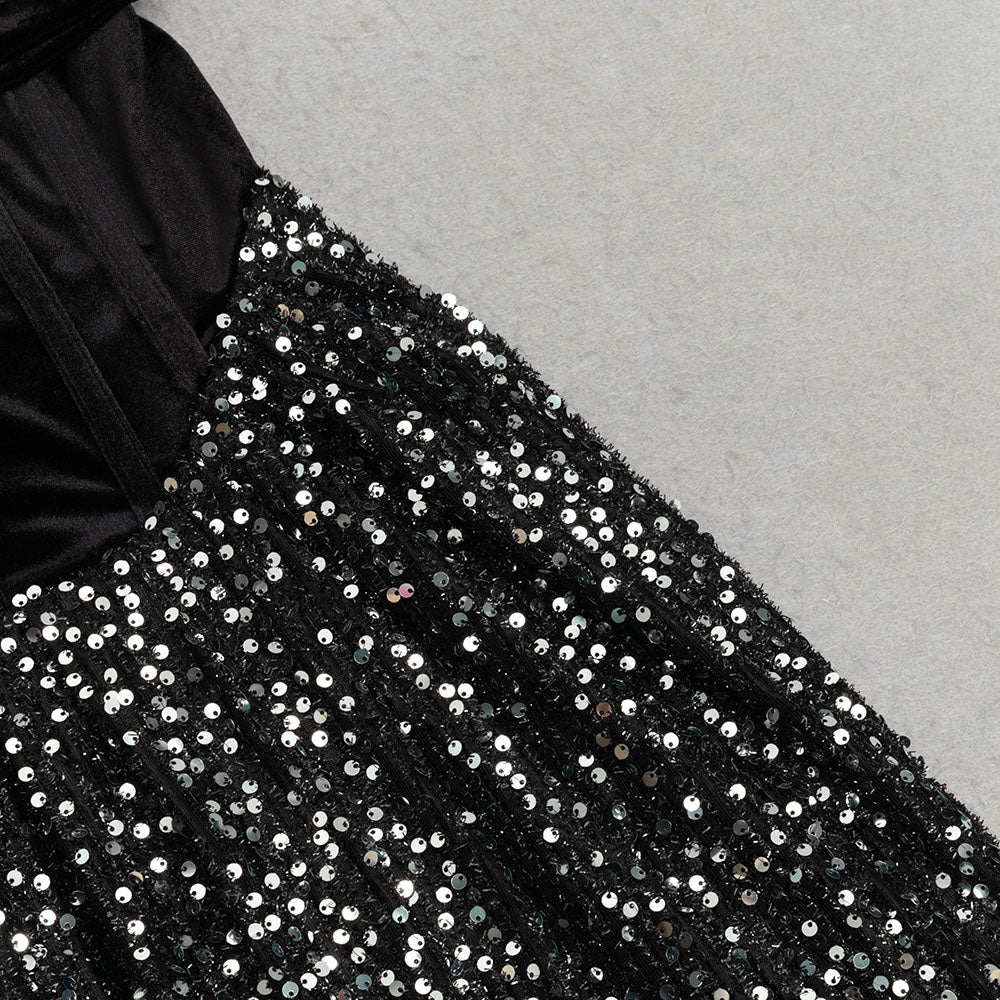 AIIZIE DRAPED VELVET SEQUIN MAXI DRESS IN BLACK - product image