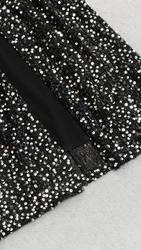 DRAPED VELVET SEQUIN MAXI DRESS IN BLACK