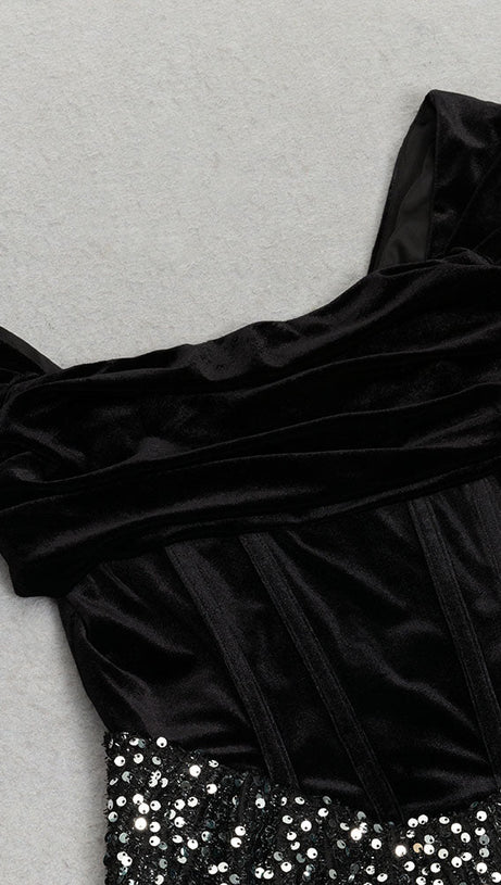 DRAPED VELVET SEQUIN MAXI DRESS IN BLACK