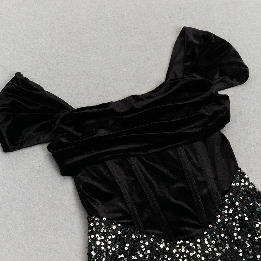 AIIZIE DRAPED VELVET SEQUIN MAXI DRESS IN BLACK - product image