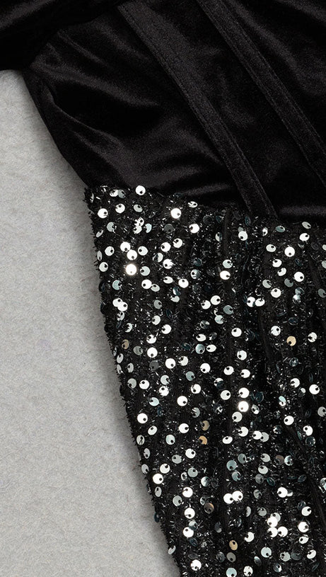 DRAPED VELVET SEQUIN MAXI DRESS IN BLACK