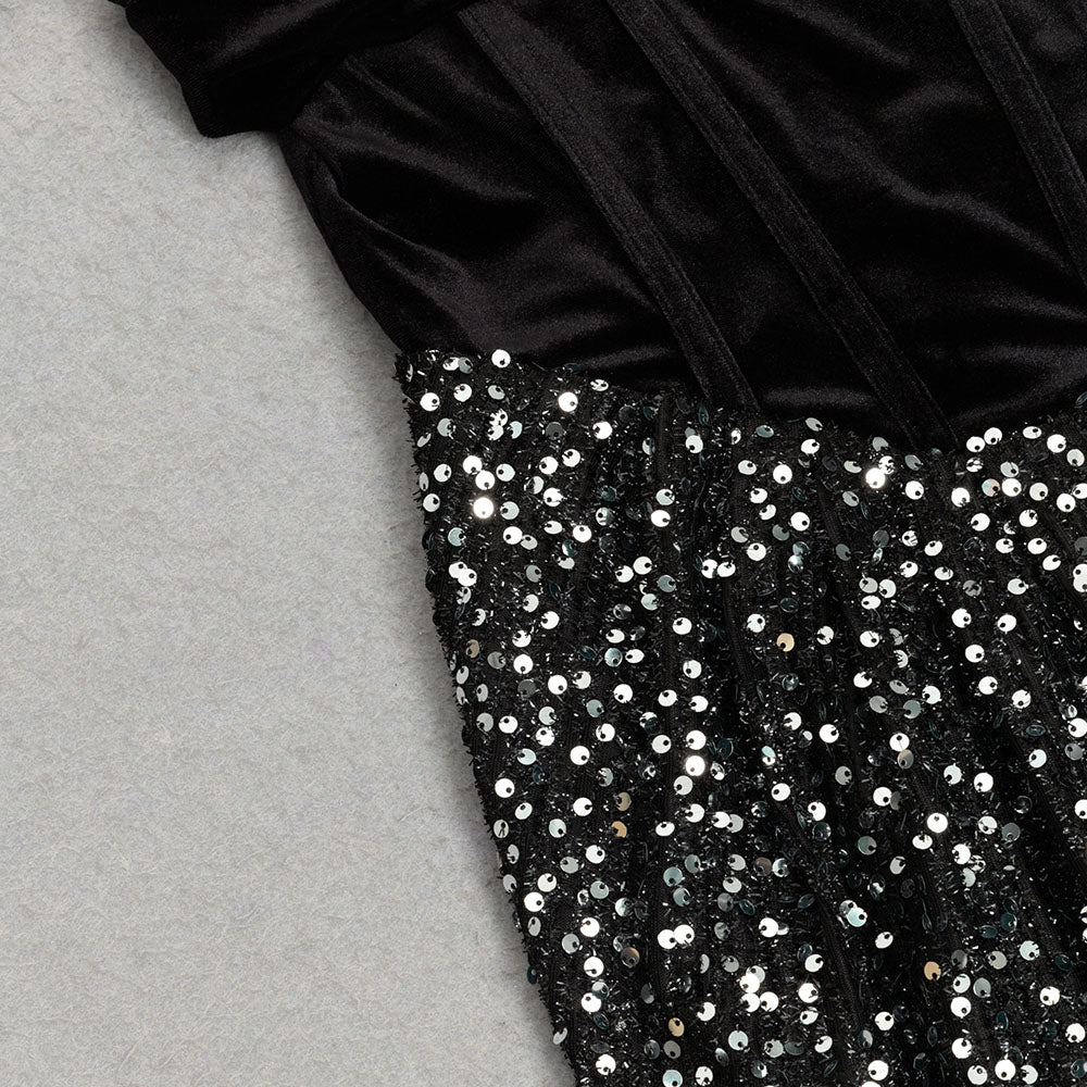 DRAPIERTES MAXIKLEID AUS SAMT MIT PAILLETTEN IN SCHWARZ