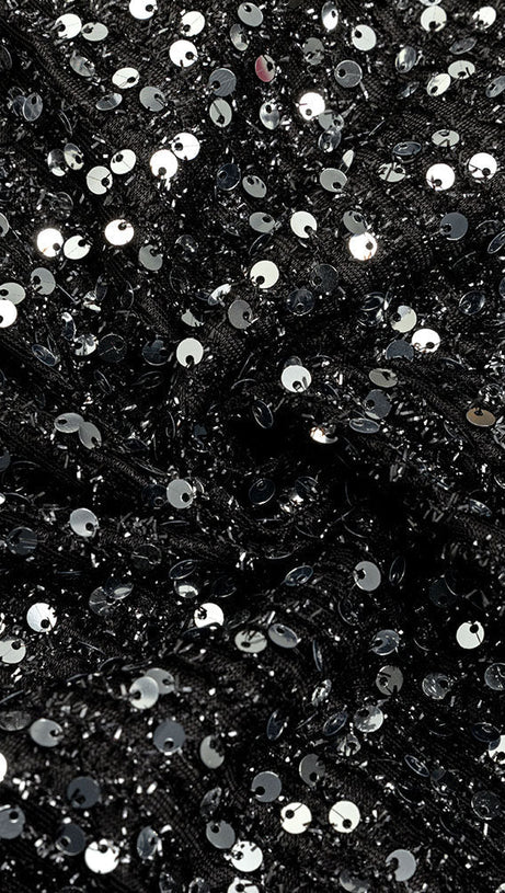 DRAPED VELVET SEQUIN MAXI DRESS IN BLACK