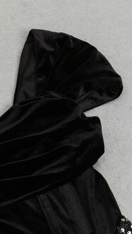 DRAPED VELVET SEQUIN MAXI DRESS IN BLACK