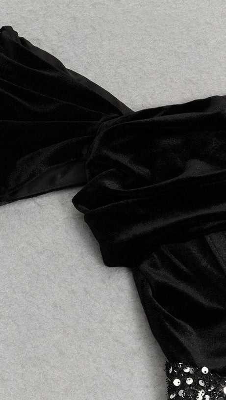 DRAPED VELVET SEQUIN MAXI DRESS IN BLACK