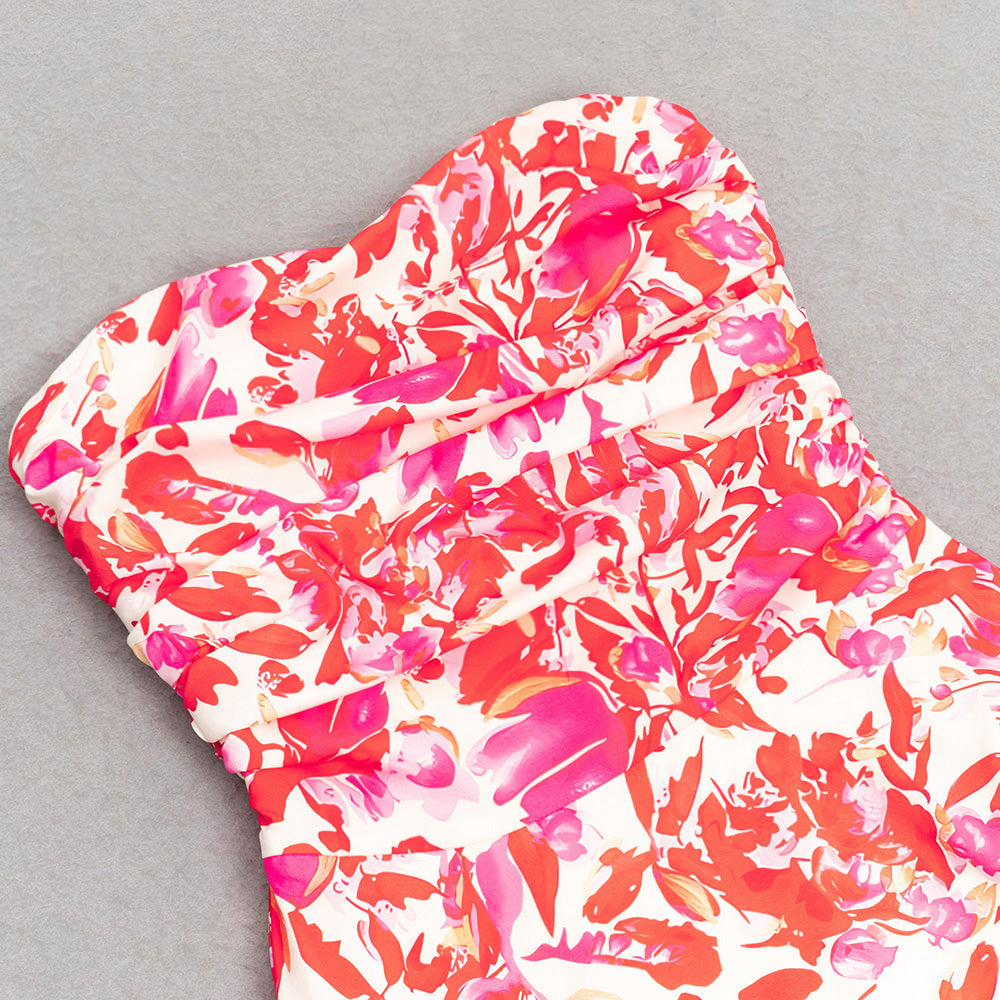 AIIZIE FLORAL STRAPLESS RUFFLE MIDI DRESS IN RED PINK - product image