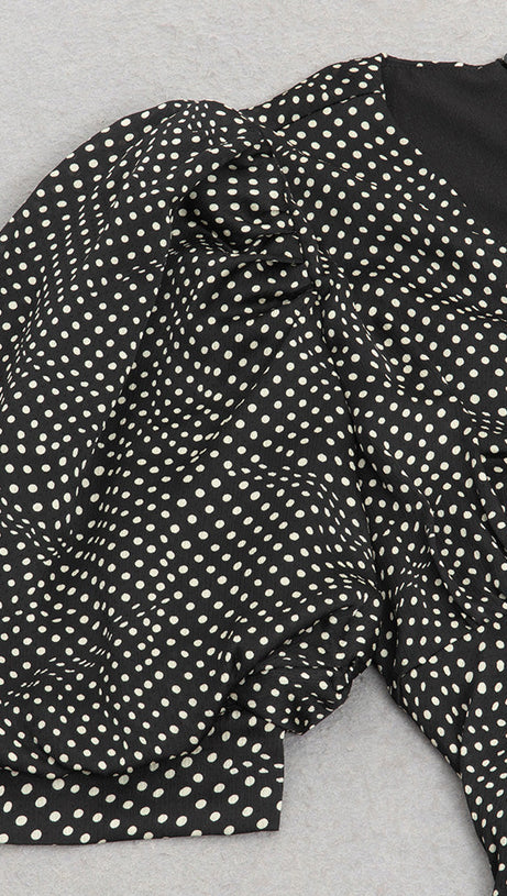 BLACK POLKA DOT PUFF SLEEVE RUCHED RUFFLE HEM DRESS