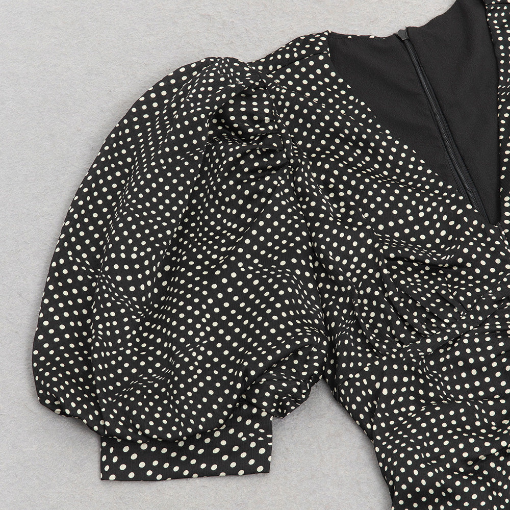 AIIZIE BLACK POLKA DOT PUFF SLEEVE RUCHED RUFFLE HEM DRESS - product image