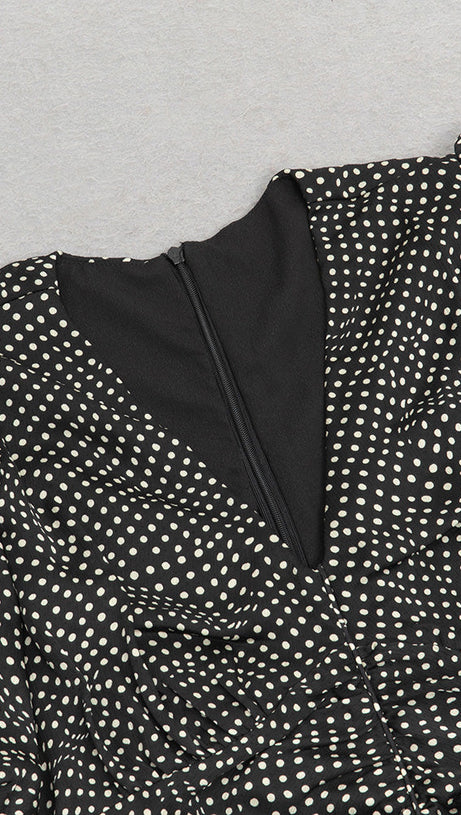 BLACK POLKA DOT PUFF SLEEVE RUCHED RUFFLE HEM DRESS