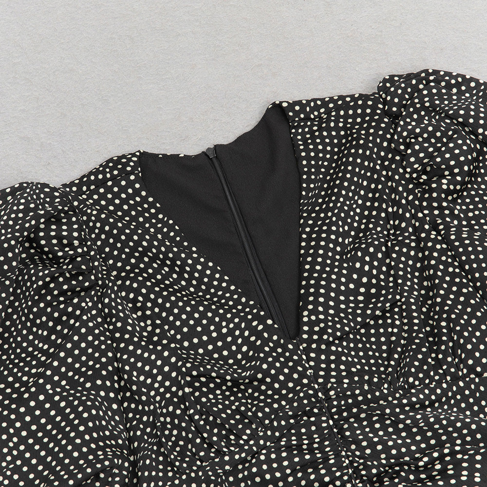 AIIZIE BLACK POLKA DOT PUFF SLEEVE RUCHED RUFFLE HEM DRESS - product image