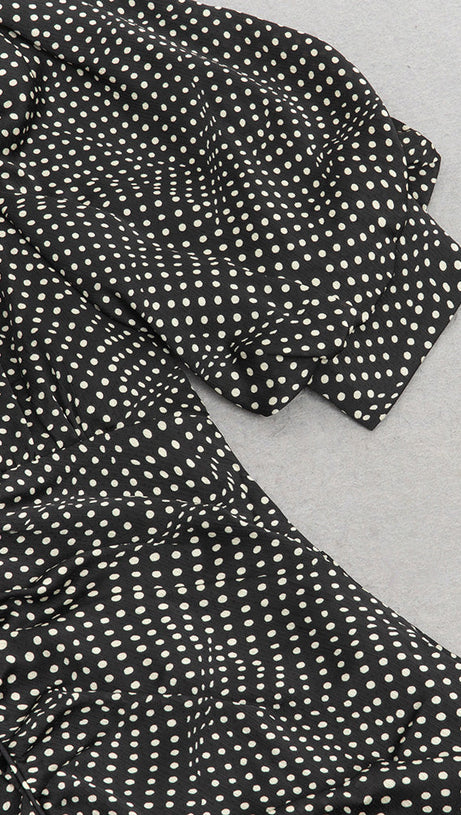 BLACK POLKA DOT PUFF SLEEVE RUCHED RUFFLE HEM DRESS