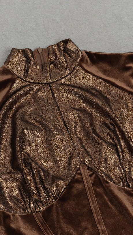 LONG SLEEVE CORSET SPARKLY MAXI DRESS IN BROWN