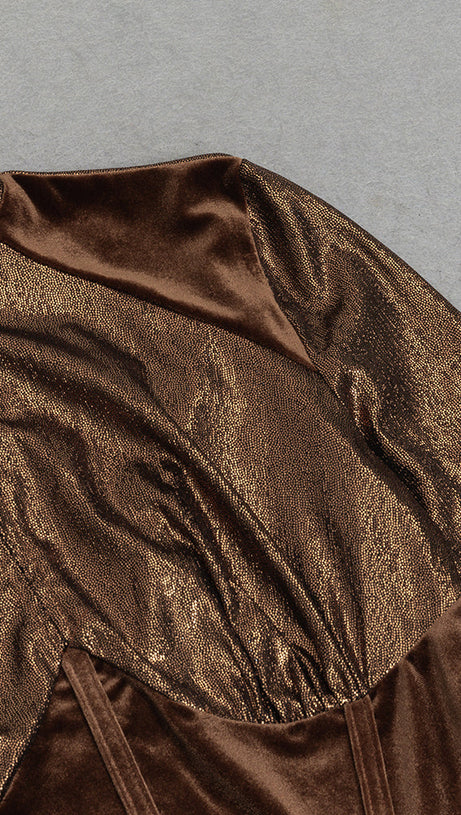 LONG SLEEVE CORSET SPARKLY MAXI DRESS IN BROWN