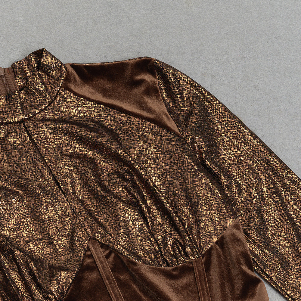 AIIZIE LONG SLEEVE CORSET SPARKLY MAXI DRESS IN BROWN - product image