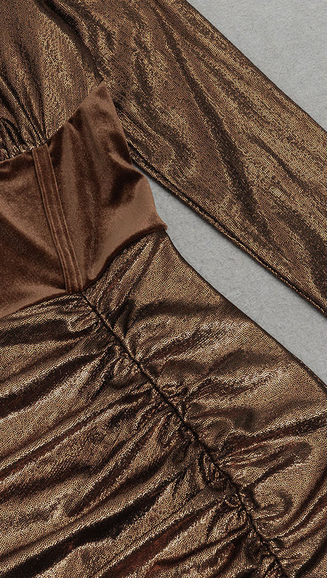 LONG SLEEVE CORSET SPARKLY MAXI DRESS IN BROWN
