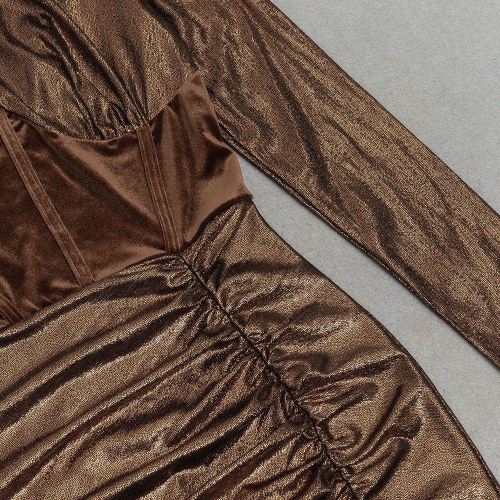 AIIZIE LONG SLEEVE CORSET SPARKLY MAXI DRESS IN BROWN - product image
