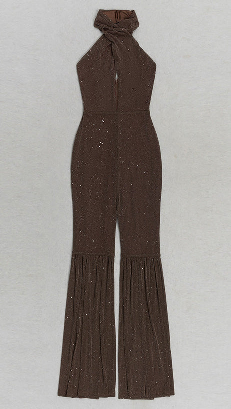 HALTER NECK BACKLESS FLARE LEG JUMPSUIT IN BROWN