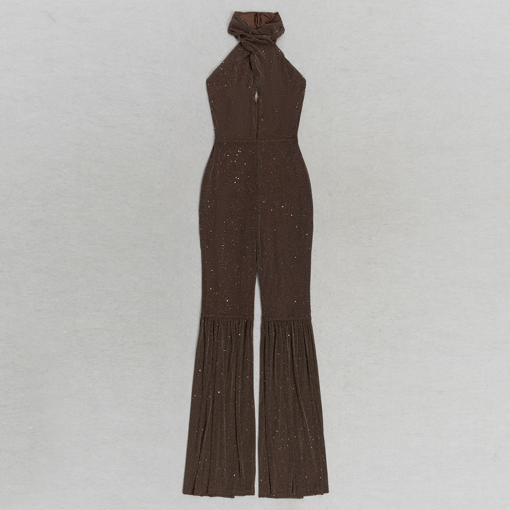 AIIZIE HALTER NECK BACKLESS FLARE LEG JUMPSUIT IN BROWN - product image