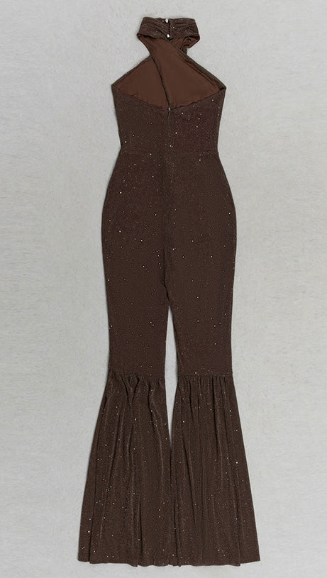 HALTER NECK BACKLESS FLARE LEG JUMPSUIT IN BROWN