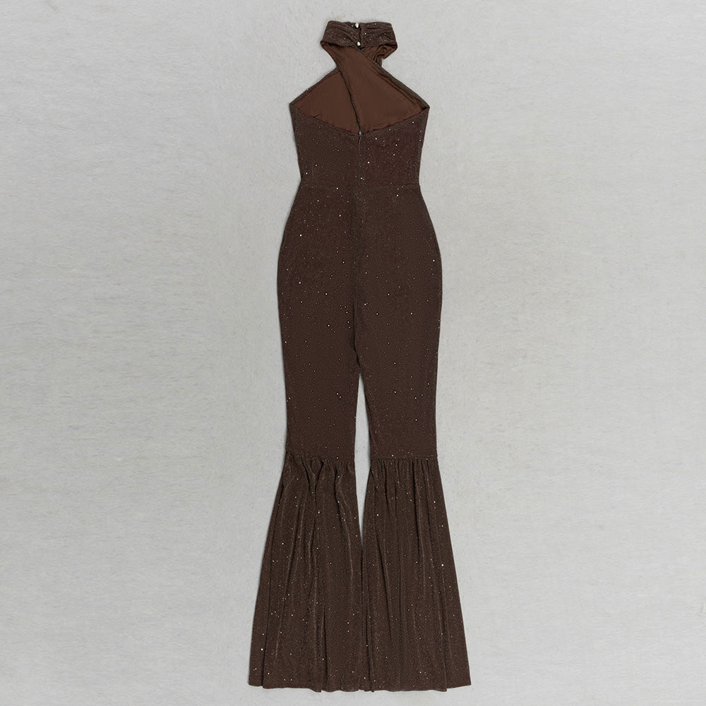 AIIZIE HALTER NECK BACKLESS FLARE LEG JUMPSUIT IN BROWN - product image