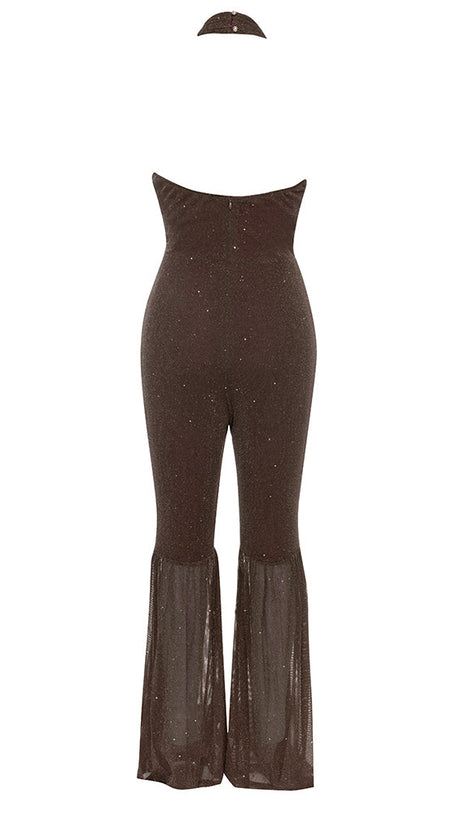 HALTER NECK BACKLESS FLARE LEG JUMPSUIT IN BROWN