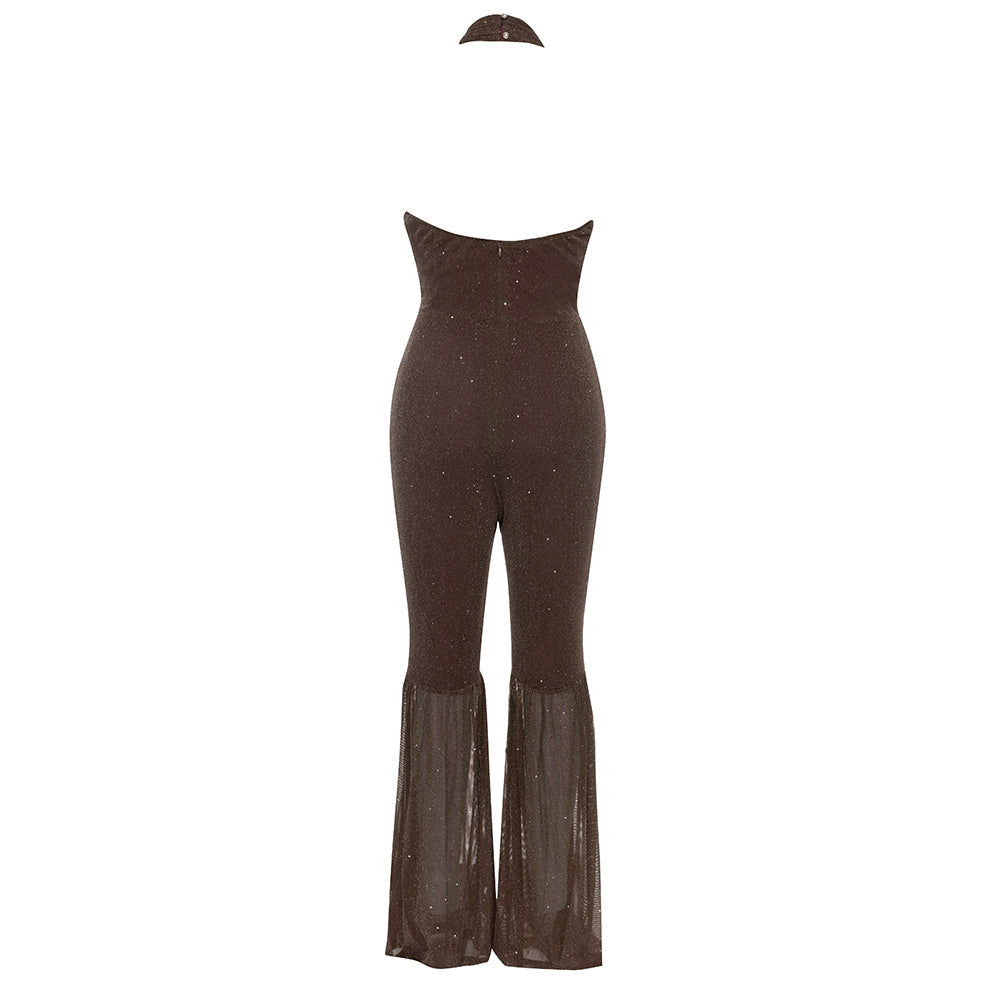 AIIZIE HALTER NECK BACKLESS FLARE LEG JUMPSUIT IN BROWN - product image