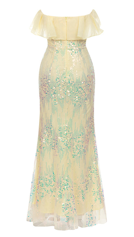 MULTICOLOR SEQUIN PATCHWORK RUFFLE HEM MERMAID MAXI DRESS