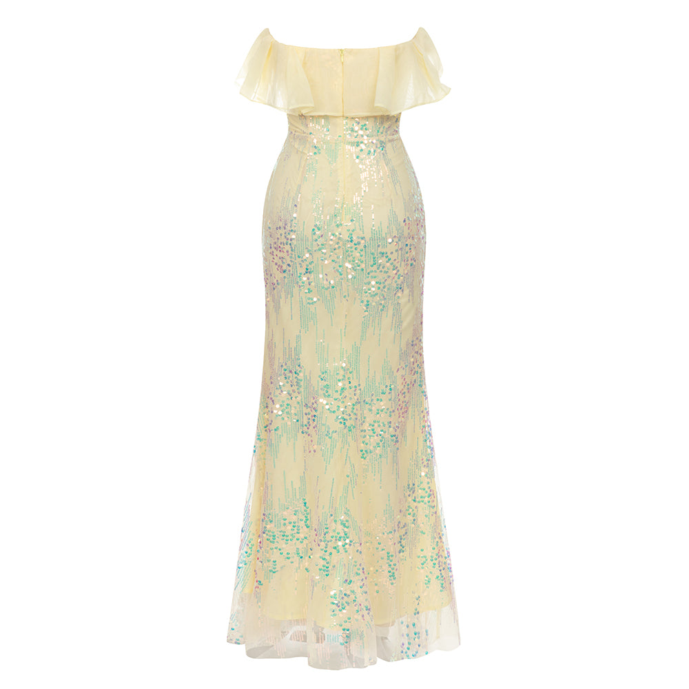 AIIZIE MULTICOLOR SEQUIN PATCHWORK RUFFLE HEM MERMAID MAXI DRESS - product image