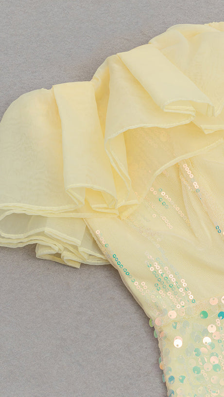 MULTICOLOR SEQUIN PATCHWORK RUFFLE HEM MERMAID MAXI DRESS