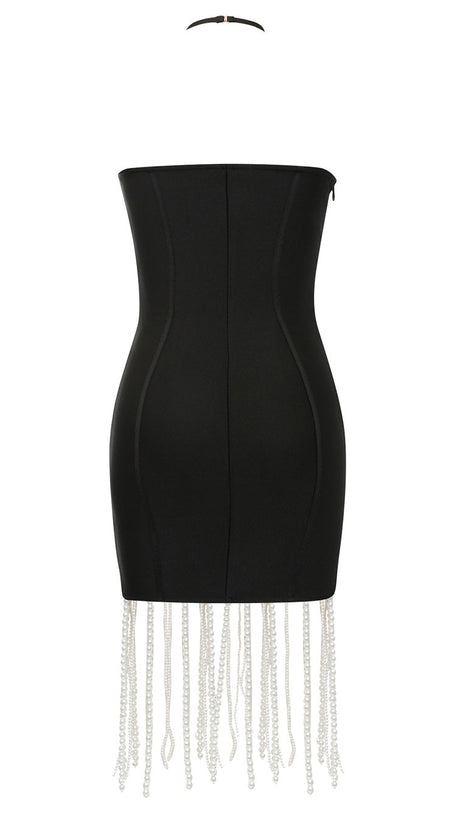 Mit Perlen drapiertes, verschönertes, figurbetontes Minikleid in Schwarz