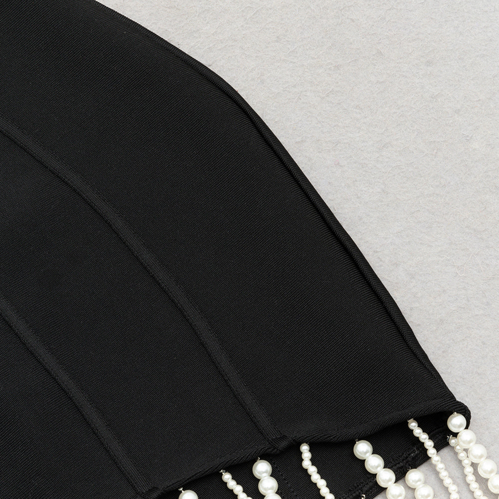 AIIZIE PEARL DRAPED EMBELLISHED BODYCON MINI DRESS IN BLACK - product image