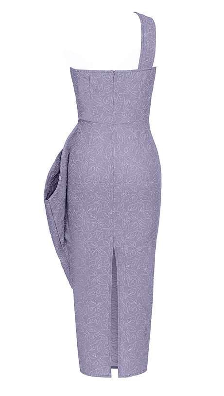 LEAF EMBROIDERY MIDI DRESS IN GREY PURPLE