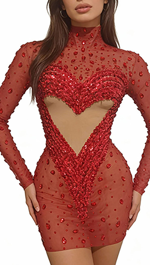 AIIZIE Jandina Dazzling Red Sequin & Diamante Mini Dress | Sheer Heart Party Glamour - product image