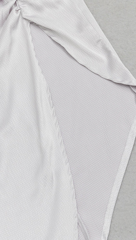 RUCHED SLIT STRAP MIDI DRESS IN LIGHT GRAY