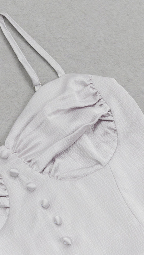 RUCHED SLIT STRAP MIDI DRESS IN LIGHT GRAY